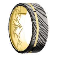 8mm wide Flat Damascus Steel Ring with Acid Damascus Finish / One 1mm Off Center 14k Yellow Gold Inlay with Polish Finish / 10k Yellow Gold Sleeve / None Interior Pattern