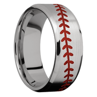 8mm wide Beveled Titanium Ring with Satin Finish / Baseball Design and Red Apple Cerakote Accents