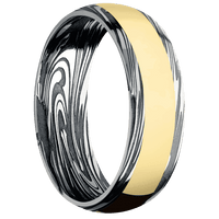7mm wide Domed Scale Damascus Steel Ring with Tumble Kuro Damascus Finish / One 4mm Centered 14k Yellow Gold Inlay with Polish Finish