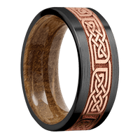 8mm wide Flat Black Titanium Ring with Satin Finish / One 5mm Centered 14k Rose Gold Inlay with Satin Finish / Celtic 17 Inlay Design / Whiskey Barrel Sleeve