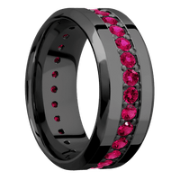 9mm wide High Bevel Black Titanium Ring with Polish Finish / Eternity Round .05 carat Ruby Bead-Set Gemstones