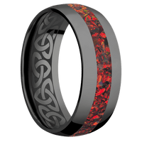 8mm wide Domed Black Titanium Ring with Polish Finish / One 3mm Centered Ruby Red Opal Inlay / None Interior Pattern