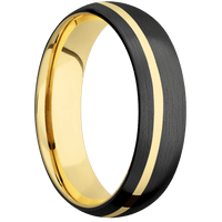 6mm wide Domed Black Zirconium Ring with Satin Finish / One 1mm Off Center 14k Yellow Gold Inlay with Polish Finish / 14k Yellow Gold Sleeve