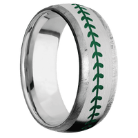 8mm wide Domed Meteorite Ring / One 5mm Centered 14k White Gold Inlay with Satin Finish / Baseball Inlay Design and Green Cerakote Inlay Design Accents / Titanium Sleeve