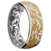 8mm wide Domed Titanium Ring with Polish Finish / Black Leaf Design and Gold Cerakote Accents / None Interior Pattern