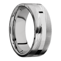 8mm wide Flat Damascus Steel Ring with Polish Damascus Finish / One 2mm Centered 14k White Gold Inlay with Polish Finish / 14k White Gold Sleeve