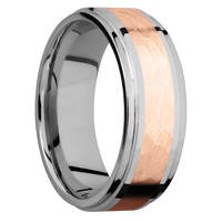8mm wide Flat Grooved Edges Titanium Ring with Polish Finish / One 4mm Centered 14k Rose Gold Inlay with Hammer Finish