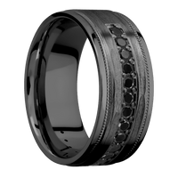 9mm wide Flat Stepped Edges Milgrain Black Titanium Ring with Treebark H Finish / Half Eternity Round .03 carat Black Diamond Bead-Set Gemstones