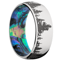 8mm wide Domed 14k White Gold Ring with Polish Finish / Trees Design and Gun Metal Grey Cerakote Accents / Abalone Sleeve