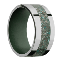 10mm wide Flat Titanium Ring with Polish Finish / One 5mm Centered Ocean Jasper Inlay / Highland Green Cerakote Sleeve