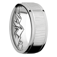 8mm wide Flat Stepped Edges Milgrain Titanium Ring with Treebark 1 Finish / Mountain 2 Interior Pattern