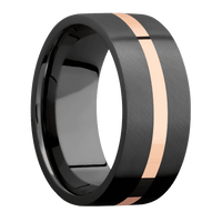 9mm wide Flat Black Titanium Ring with Angle Satin Finish / One 2mm Centered 18k Rose Gold Inlay with Polish Finish