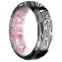 7mm wide Flat Rounded Edges Kinetic Damascus Steel Ring with Tumble Kuro Damascus Finish / Kings Pink Camo Sleeve