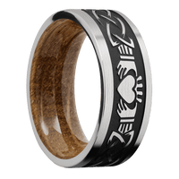 8mm wide Flat Platinum Ring with Satin Finish / Claddagh Celtic Design and Black Cerakote Accents / Whiskey Barrel Sleeve