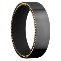 7mm wide Flat Black Titanium Ring with Bead Blast Finish / Two 1mm Sidebraid 14k Yellow Gold Inlay with Polish Finish / Black Cerakote Sleeve