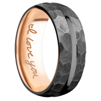 8mm wide Domed Center Concave Black Titanium Ring with Rock Finish / 14k Rose Gold Sleeve / Hand Writing Interior Pattern