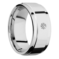9mm wide Flat Wide Grooved Edges 14k White Gold Ring with Polish Finish / 1 Round .1 carat Standard Diamond Flush-Set Gemstones