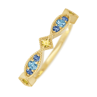Theodora Style 14k Yellow Gold Ring / Half Eternity .27 TCW of Yellow Sapphire, Aqua Diamonds, and Denim Blue Sapphires / Size 6.5
