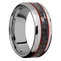 8mm wide Beveled Titanium Ring with Satin Finish / One 3mm Centered Black Carbon Fiber Inlay and Red Apple Cerakote Accents