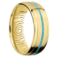 7mm wide Stepped Bevel 14k Yellow Gold Ring with Satin Finish / One 1mm Centered Turquoise Inlay / None Interior Pattern