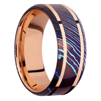 8mm wide Beveled Kuro-Ti Ring with Polish Kuro-Ti Finish / Two 1mm Wide 14k Rose Gold Inlay with Polish Finish / 14k Rose Gold Sleeve