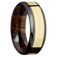 8mm wide High Bevel Black Zirconium Ring with Polish Finish / One 4mm Centered 14k Yellow Gold Inlay with Polish Finish / One 1mm Centered Platinum Inlay with Polish Finish / Cocobolo Sleeve