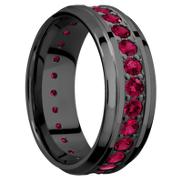 8mm wide Stepped Bevel Black Zirconium Ring with Polish Finish / Eternity Round .07 carat Ruby Bead-Set Gemstones