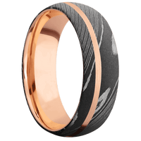 7mm wide Domed Damascus Steel Ring with Acid Damascus Finish / One 1mm Off Center 14k Rose Gold Inlay with Satin Finish / 14k Rose Gold Sleeve