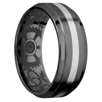 8mm wide Stepped Bevel Black Titanium Ring with Bead Blast Finish / One 2mm Centered Palladium Silver Inlay with Satin Finish / None Interior Pattern