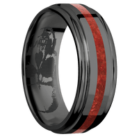 8mm wide Flat Rounded Edges Black Titanium Ring with Polish Finish / One 2mm Centered Coral Inlay / None Interior Pattern