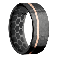 8mm wide Flat Black Zirconium Ring with Hammer Finish / One 1mm Off Center 14k Rose Gold Inlay with Hammer Finish / None Interior Pattern