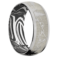 8mm wide Domed 10k White Gold Ring with Satin Finish / Wolf Mountain Design / Sunset Damascus Steel Sleeve