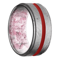 10mm wide Flat Grooved Edges Meteorite Ring / One 2mm Centered USMC Red Cerakote Inlay / Kings Pink Camo Sleeve