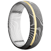 7mm wide Domed Flattwist Damascus Steel Ring with Acid Damascus Finish / One 1mm Off Center 14k Yellow Gold Inlay with Polish Finish