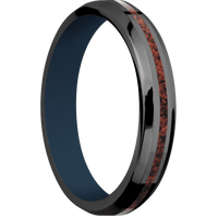 4mm wide Beveled Black Titanium Ring with Polish Finish / One 1mm Centered Red Dinosaur Bone Inlay / Navy Blue Cerakote Sleeve