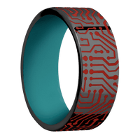 8mm wide Flat Black Titanium Ring with Polish Finish / Computer Chip Design and Red Apple Cerakote Accents / Teal Cerakote Sleeve