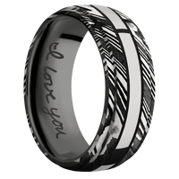 8mm wide Domed Stepped Down Edges Kuro Damascus Steel Ring with Tumble Kuro Damascus Finish / One 2mm Centered Palladium Silver Inlay with Polish Finish and Black Cerakote Accents / Black Titanium Sleeve / Hand Writing Interior Pattern