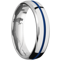 6mm wide Domed Bevel Cobalt Chrome Ring with Polish Finish / One 1mm Centered Royal Blue Cerakote Inlay / None Interior Pattern