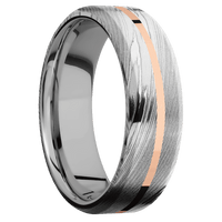 7mm wide Beveled Damascus Steel Ring with Polish Damascus Finish / One 1mm Centered 14k Rose Gold Inlay with Polish Finish / Titanium Sleeve