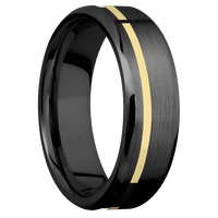 7mm wide Beveled Black Zirconium Ring with Satin Finish / One 1mm Off Center 14k Yellow Gold Inlay with Polish Finish