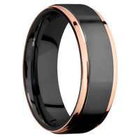 7mm wide Flat Grooved Edges Black Titanium Ring with Machine Finish / Two 1mm Edge 14k Rose Gold Inlay with Polish Finish