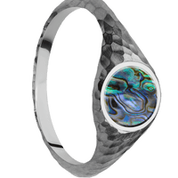 Circle Titanium Signet Ring / Hammer Ring Finish and Polish Signet Finish / Abalone Inlay / Size 8.5