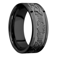 8mm wide Flat Black Zirconium Ring with Polish Finish / Claddagh Celtic Design