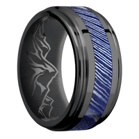 10mm wide Flat Rounded Edges Black Zirconium Ring with Polish Finish / One 4mm Centered Kuro-Ti Inlay with Satin Etched Kuro-Ti Finish / None Interior Pattern