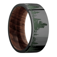 9mm wide Flat Black Zirconium Ring with Polish Finish / Trees Design and Highland Green Cerakote Accents / Sequoia Sleeve