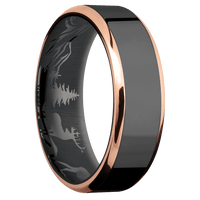 7mm wide Beveled Black Titanium Ring with Polish Finish / Two 1mm Edge 14k Rose Gold Inlay with Polish Finish / Bear Moose Deer Mountain Interior Pattern