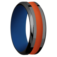 8mm wide High Bevel Black Titanium Ring with Polish Finish / One 3mm Centered Hunter Orange Cerakote Inlay / Royal Blue Cerakote Sleeve