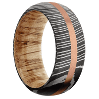 9mm wide Domed Bevel Damascus Steel Ring with Acid Damascus Finish / One 2mm Centered 14k Rose Gold Inlay with Sand Blast Finish / Natural Oak Sleeve