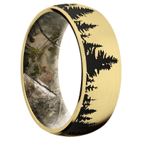 8mm wide Domed 10k Yellow Gold Ring with Satin Finish / Trees Design and Black Cerakote Accents / Kings Mountain Camo Sleeve