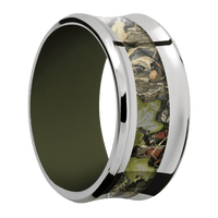 10mm wide Concave Bevel Titanium Ring with Polish Finish / One 5mm Centered MossyOak Obsession Camo Inlay / Vintage Green Cerakote Sleeve